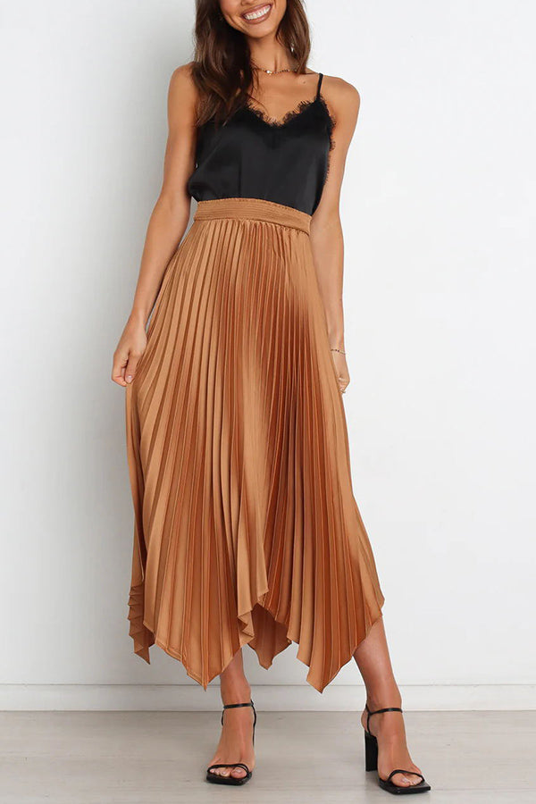 Yris Satin Pleated Elastic Waist Asymmetrical Hemline Midi Skirt