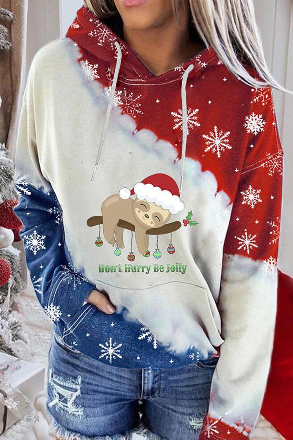 Santa Claus Print Color Block Hoodie  （Red and blue）