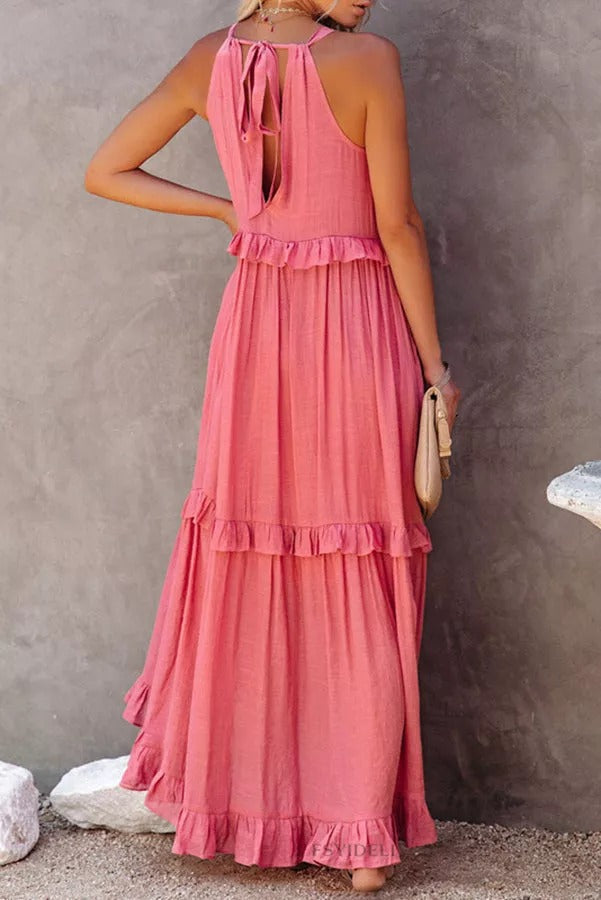 Vittoria Shirred Ruffle Tiered Maxi Halter Dress