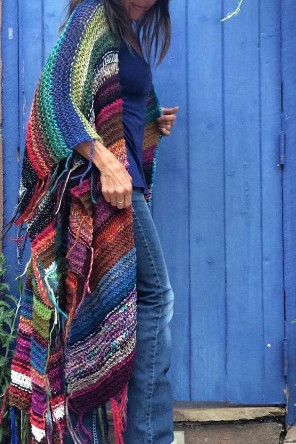 Bohemian Collarless Tassel Mid-length Handknit Cardigan