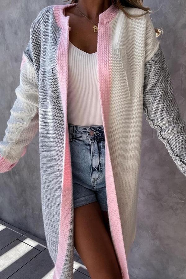 Crochet Colorblock Round Collar Knit Cardigan