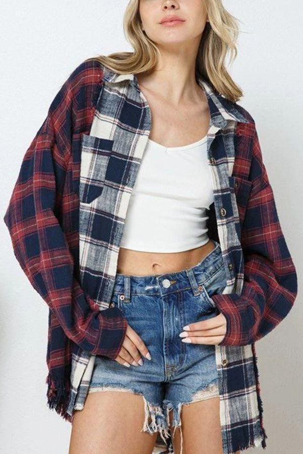 Autumn and Winter Color-block Plaid Hem Wool Long-sleeved Shirt