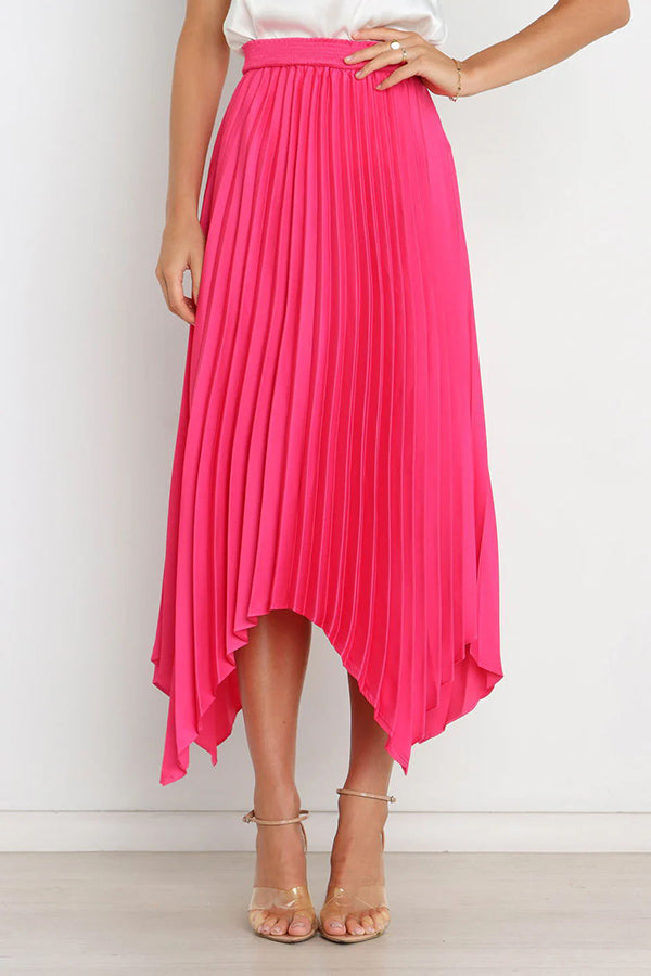 Yris Satin Pleated Elastic Waist Asymmetrical Hemline Midi Skirt