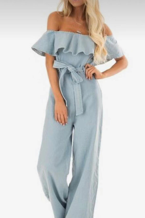 Fashion Solid Denim Faux One Shoulder Ruffle Jumpsuit