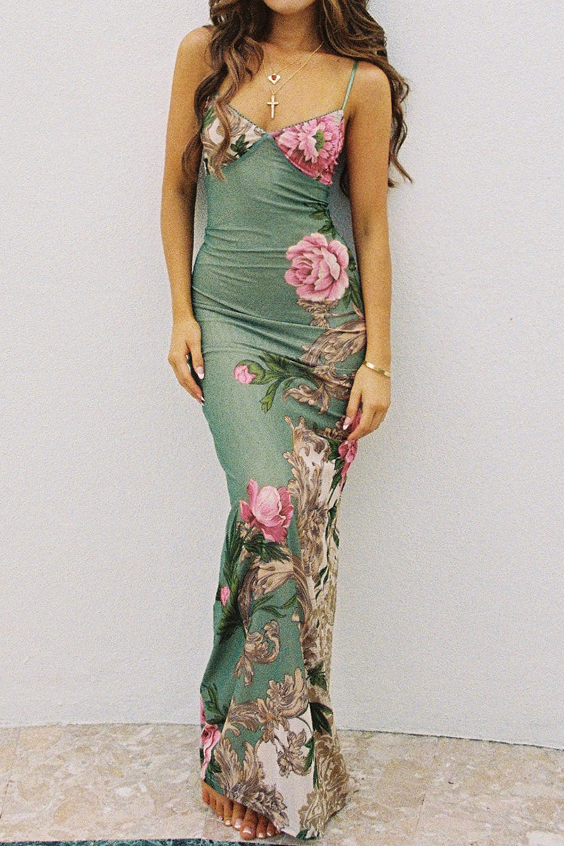 FLORAL PRINT V NECK FLOWY HEM ELEGANT SLIP MAXI DRESS [PRE ORDER]