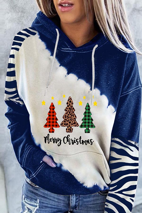 Santa Claus Print Color Block Hoodie  （Blue )