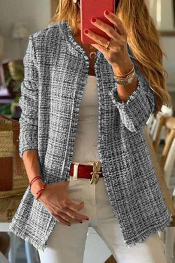 Long Sleeve Sweet Tweed Plaid Coat