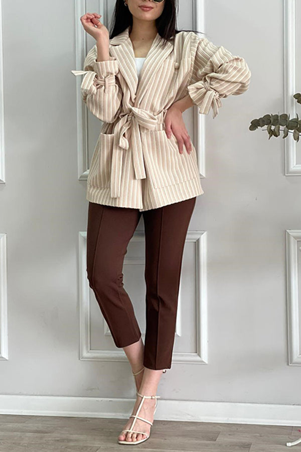 Beige Striped Belted Handle Lacing Detail