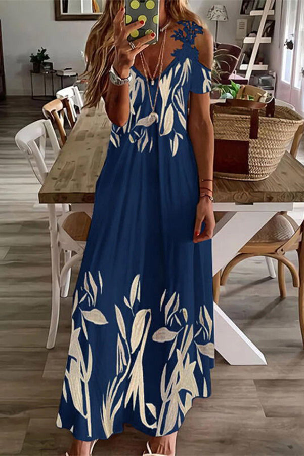 Viana Contrast Lace Printed Cold Sleeve Straight Maxi Dress