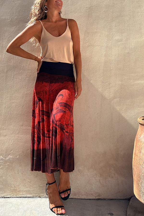 Fall In Love with Kyoto Geisha Printed Elastic Waist Stretch Maxi Skirt