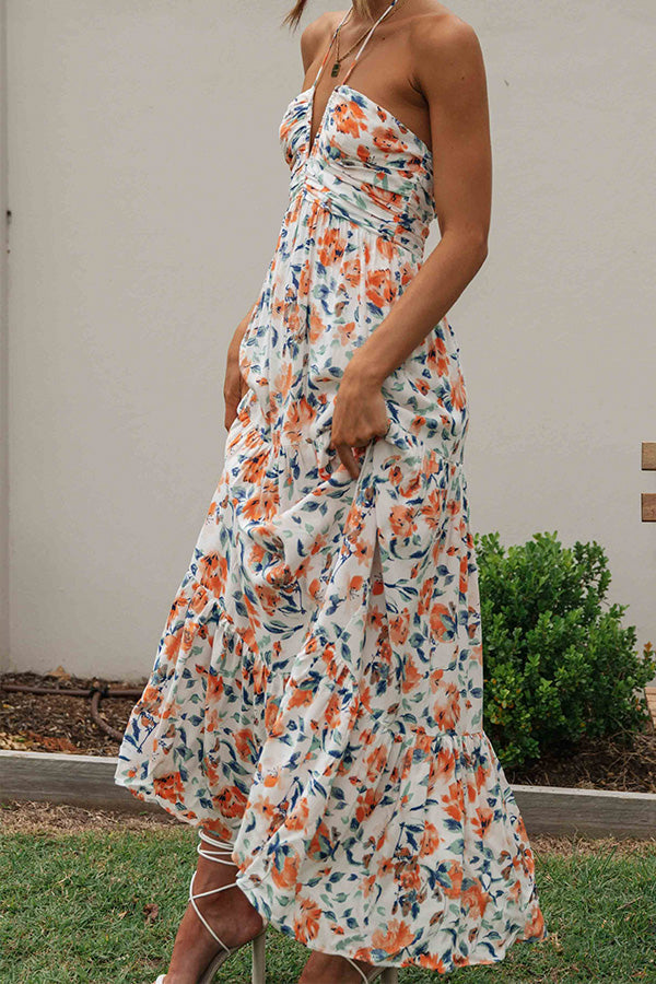 Floral V-Neck Backless Maxi Dress