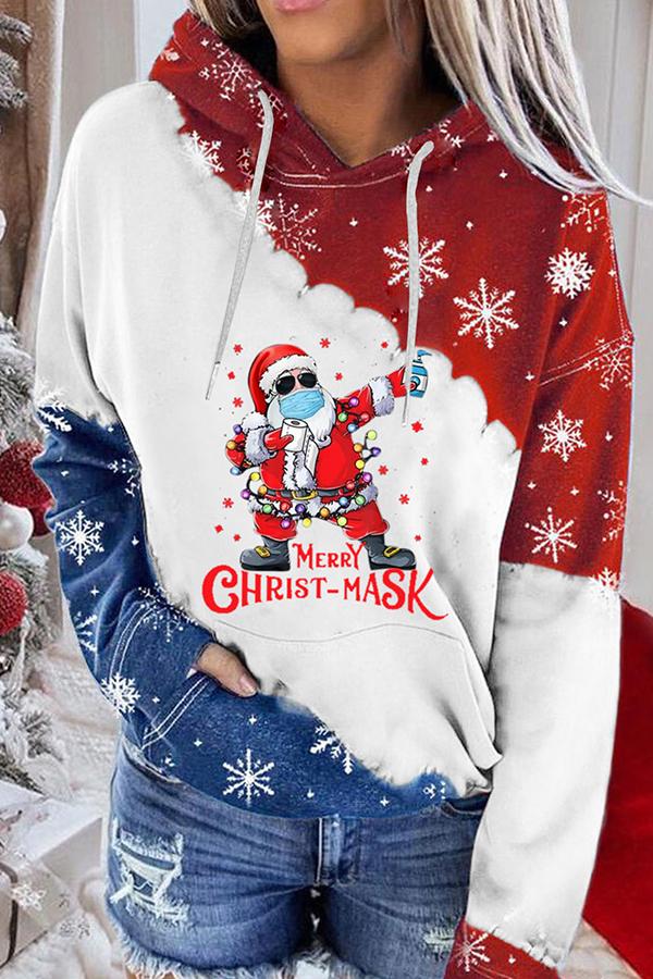 Santa Claus Print Color Block Hoodie  （Red and blue）