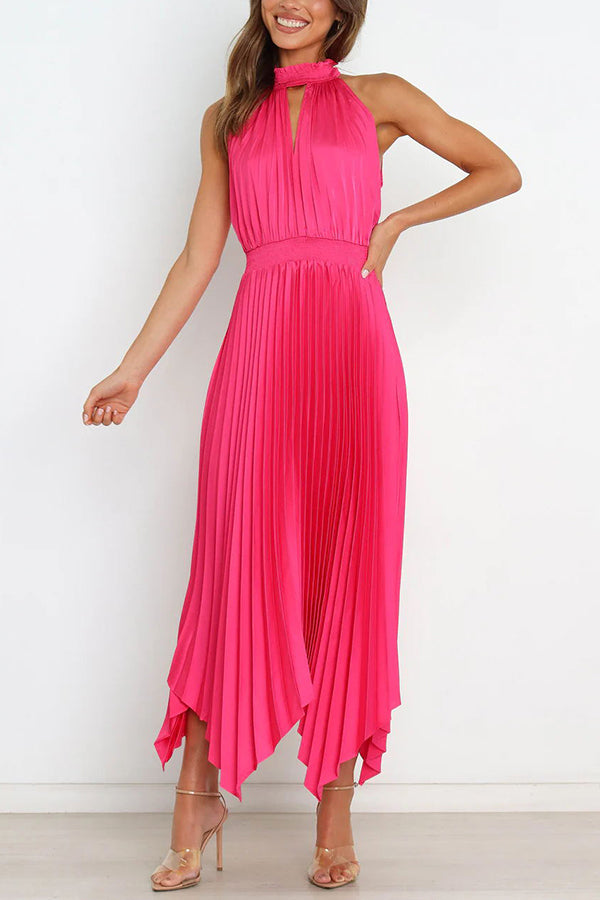 Luxe Look Satin Pleated Halter Elastic Waist Midi Dress