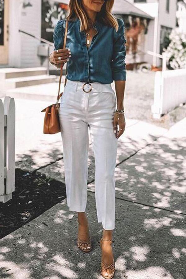 Pleated Sleeve V Neck Denim Blouse