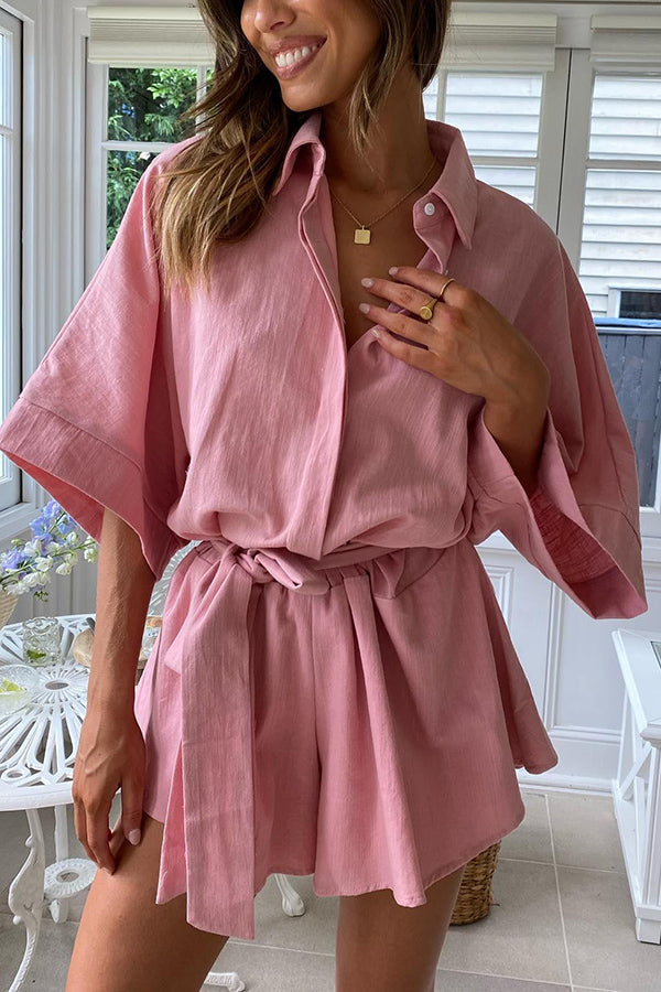 Lazy Daily Life Linen Blend Button Down Belted Relaxed Romper