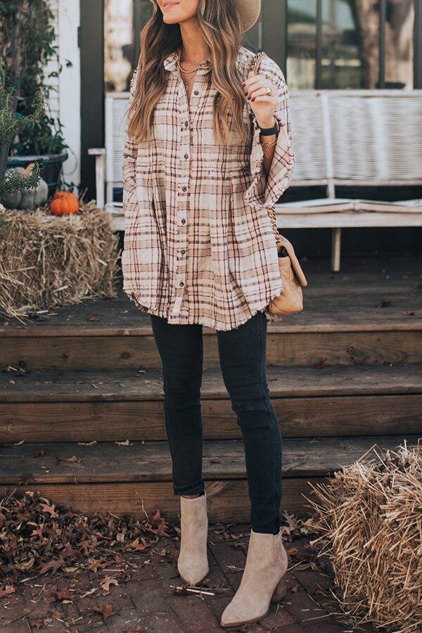 Plaid Shirt Collar Flare Sleeve Button Down Blouse