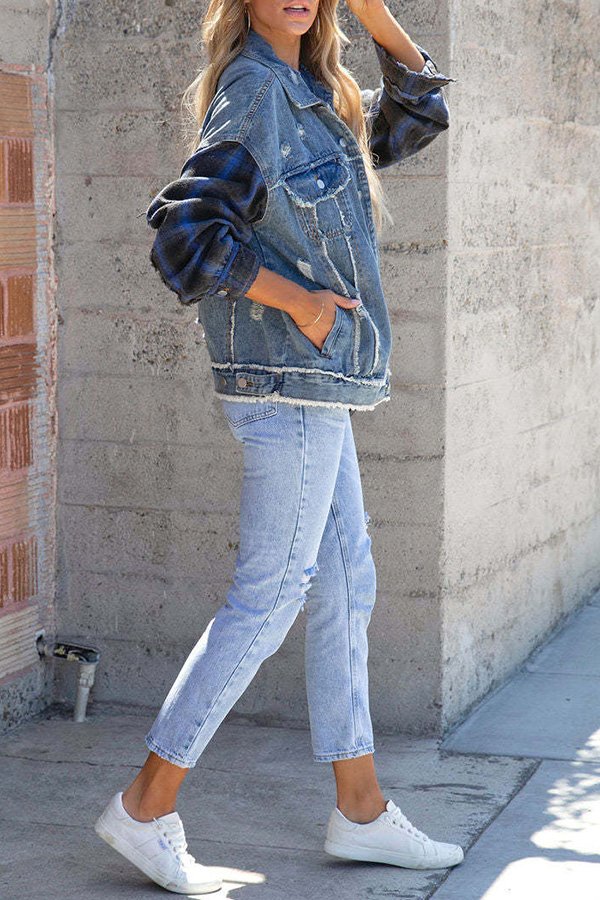 Street Fashion Distressed Denim Plaid Jacket