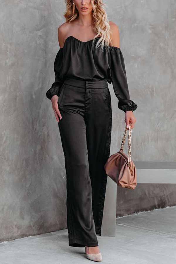 Adele Satin Off Shoulder Blouse & Wide Leg Pants Suit