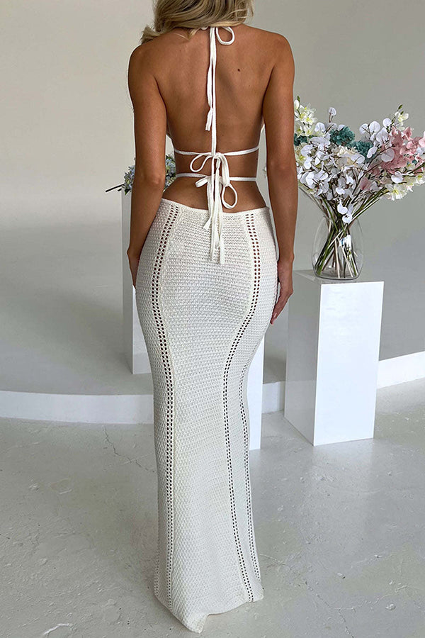 CUTOUT KNITTED V NECK TIE STRAPS BODYCON MAXI DRESSES