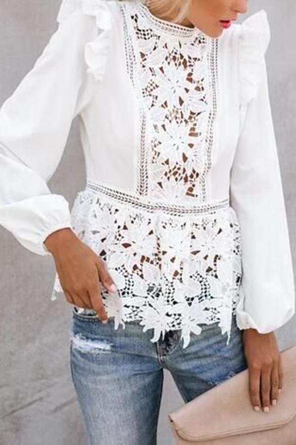 White Hollow Stitching Ruffle Top