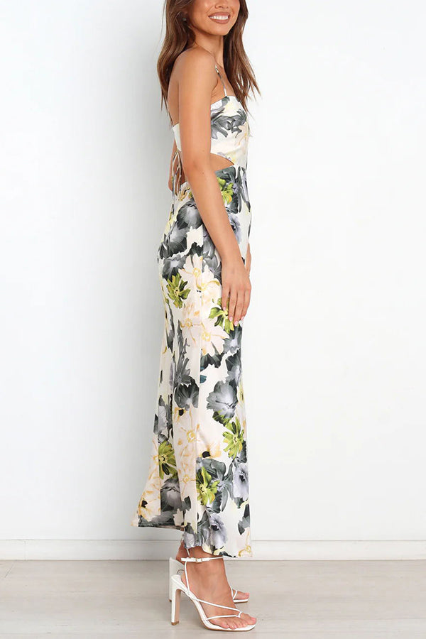 Garden Party Floral Satin Cut Out Back Lace-up Maxi Dress