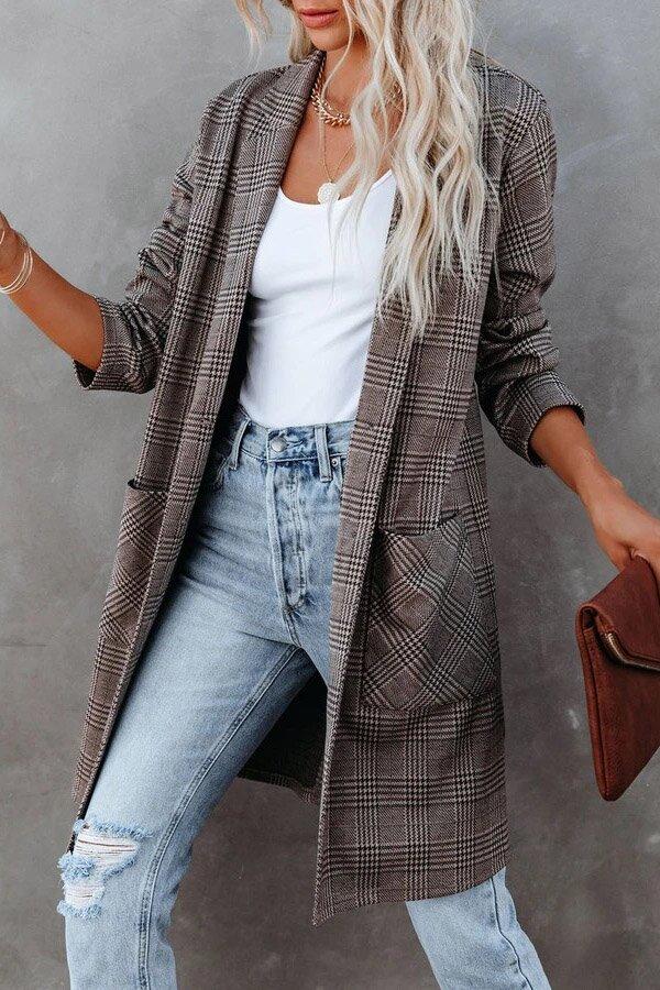 Mid-length Wide Collar Plaid Pocket Blazer