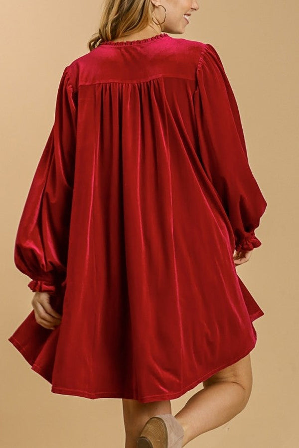 Umgee Velvet Dress with Puff Sleeves and Split Neckline in  Velvet