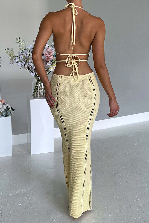 CUTOUT KNITTED V NECK TIE STRAPS BODYCON MAXI DRESSES