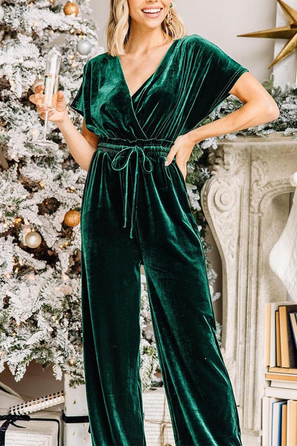 Roschic Casual V-neck Solid Gold Velvet Jumpsuit