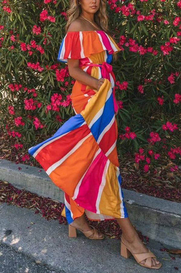 Sunkissed Rainbow Colorblock Off Shoulder Maxi Dress