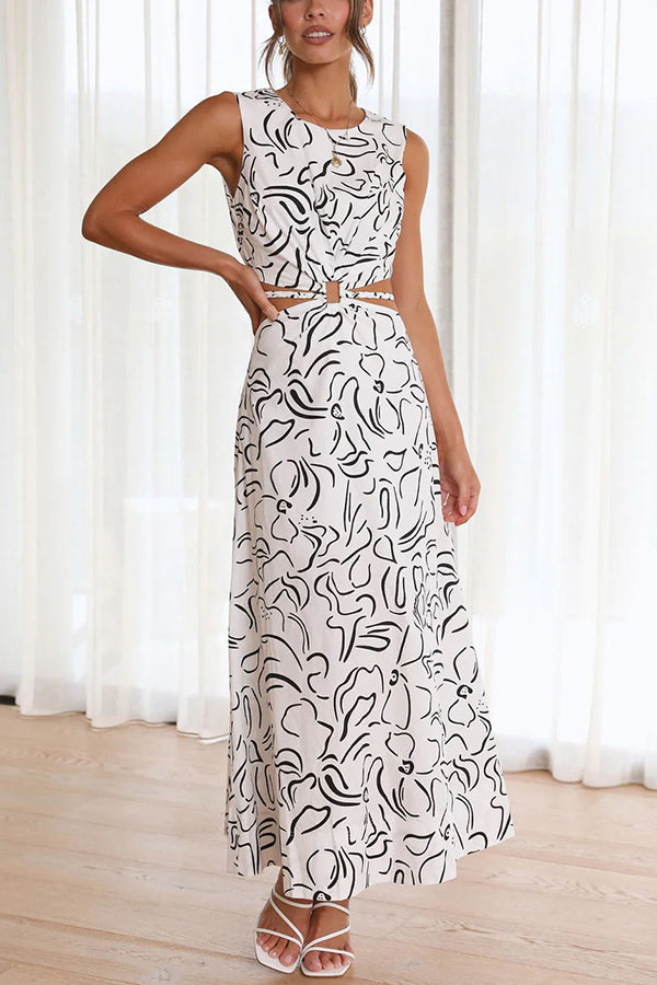 Gwen Abstract Print Cutout Elastic Waist Tie Maxi Dress