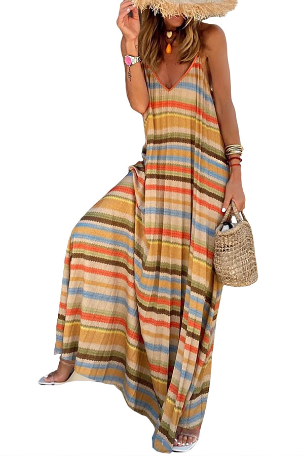 Stripe Tie Straps Loose V Neck Maxi Dress