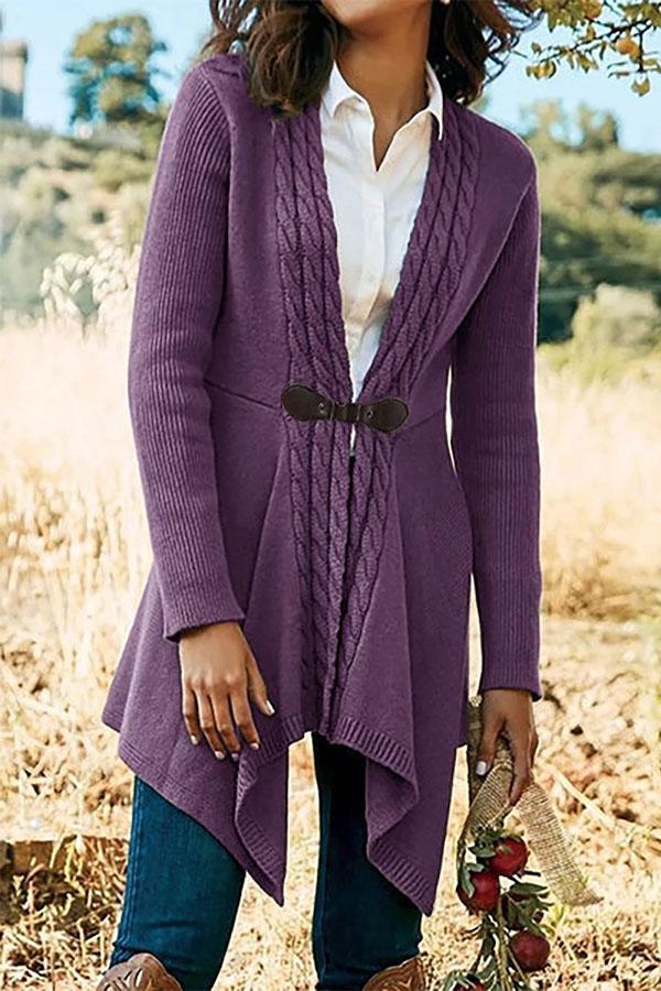 Leather Button Twist V-neck Long-sleeved Cardigan