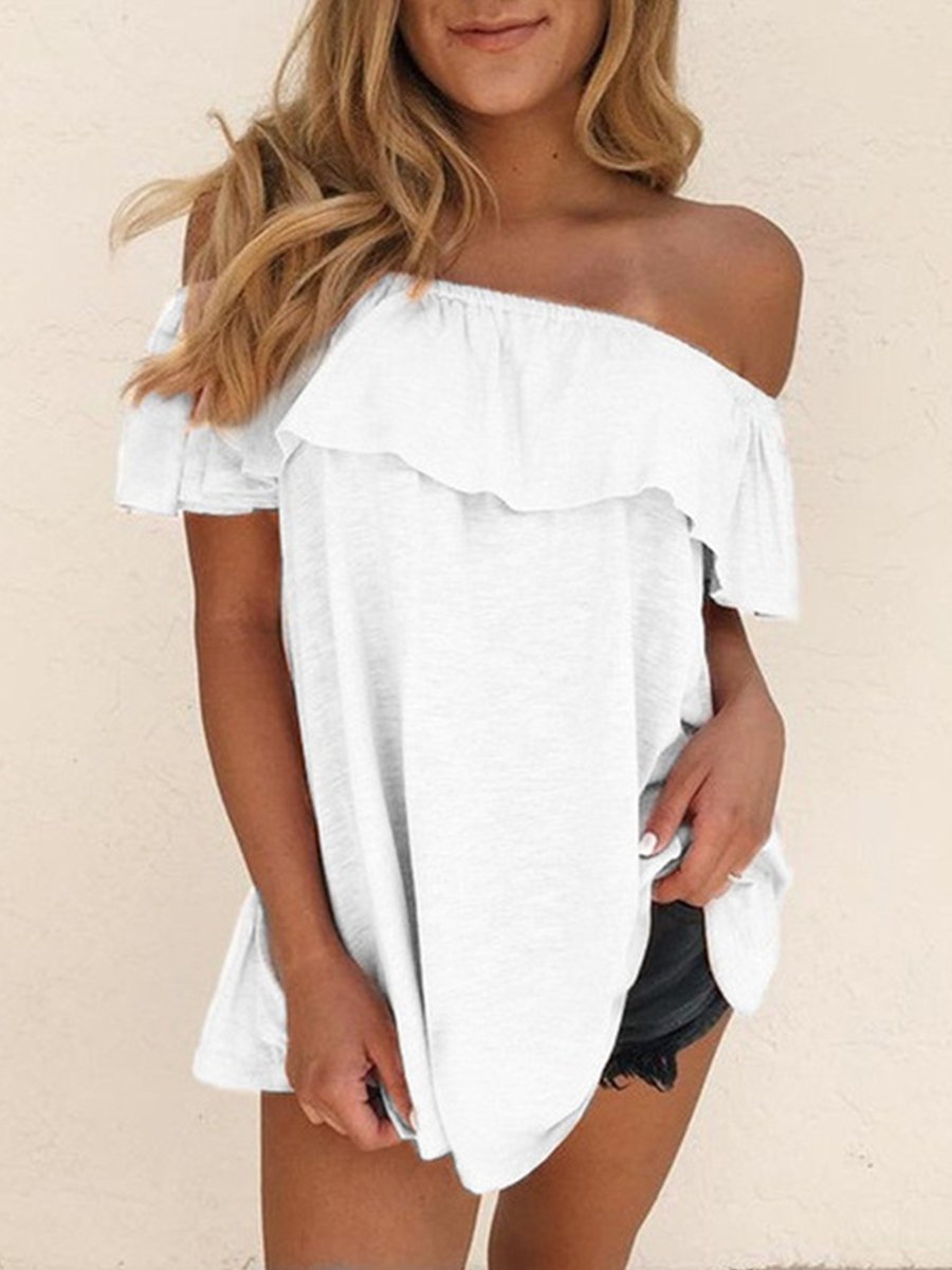 Casual Off-shoulder Ruffle Solid Top