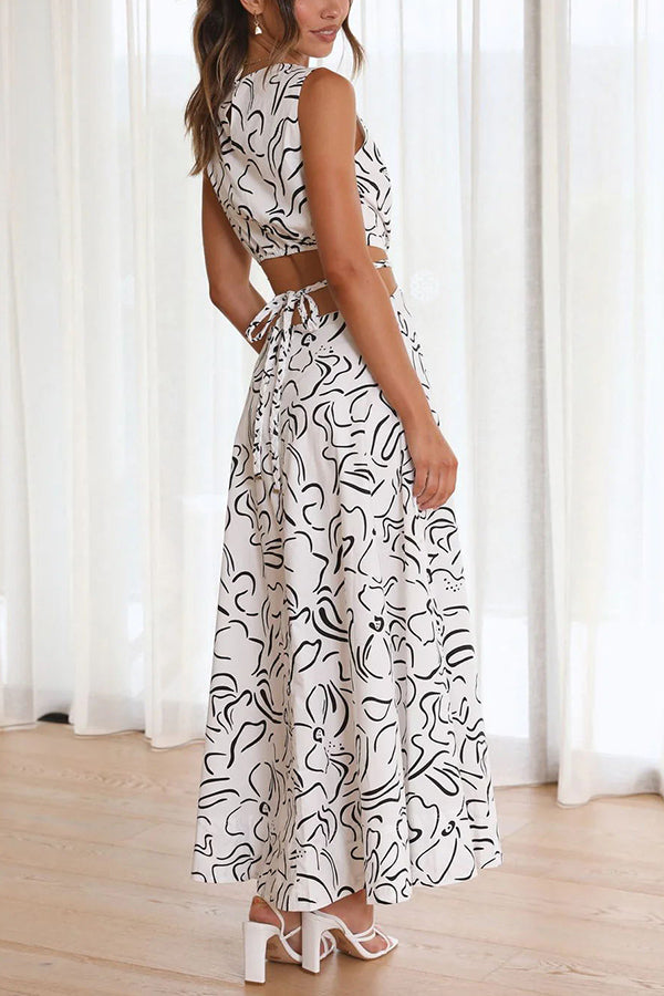 Gwen Abstract Print Cutout Elastic Waist Tie Maxi Dress