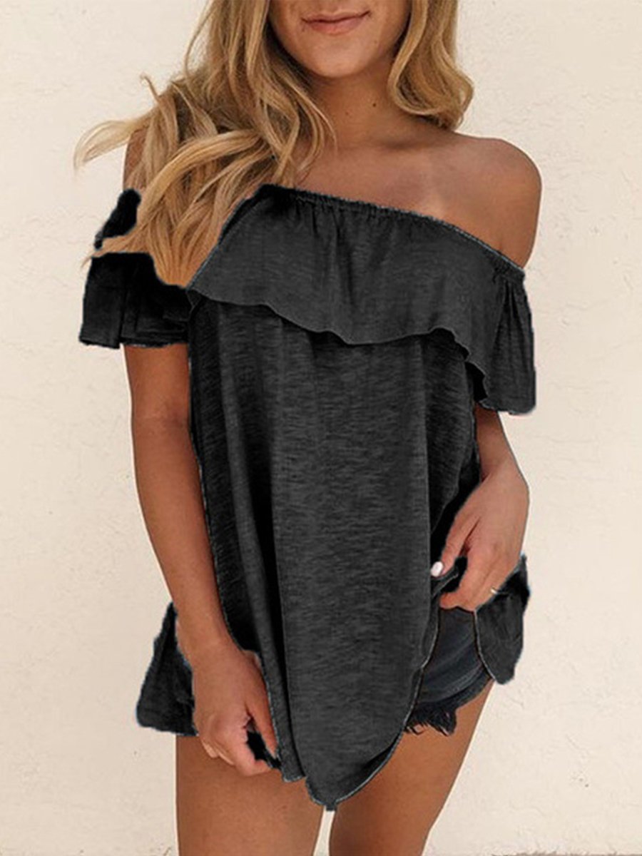 Casual Off-shoulder Ruffle Solid Top