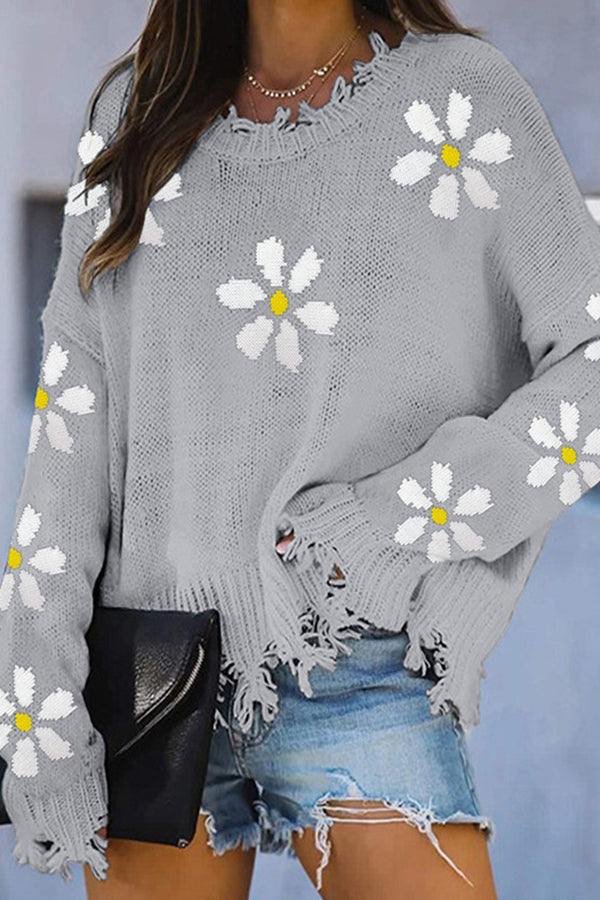 Long Sleeve Floral Knitted Sweater