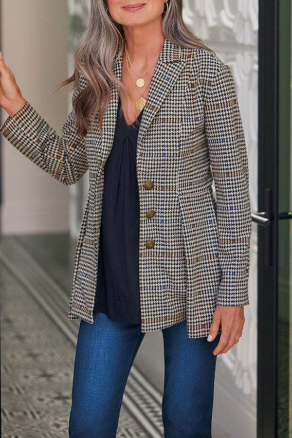 Lapel Button Ruffle Hem Plaid Blazer