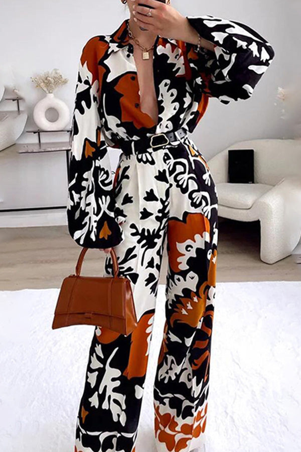 Belt Irregular Print Pocket Long Sleeve Top Trousers Set