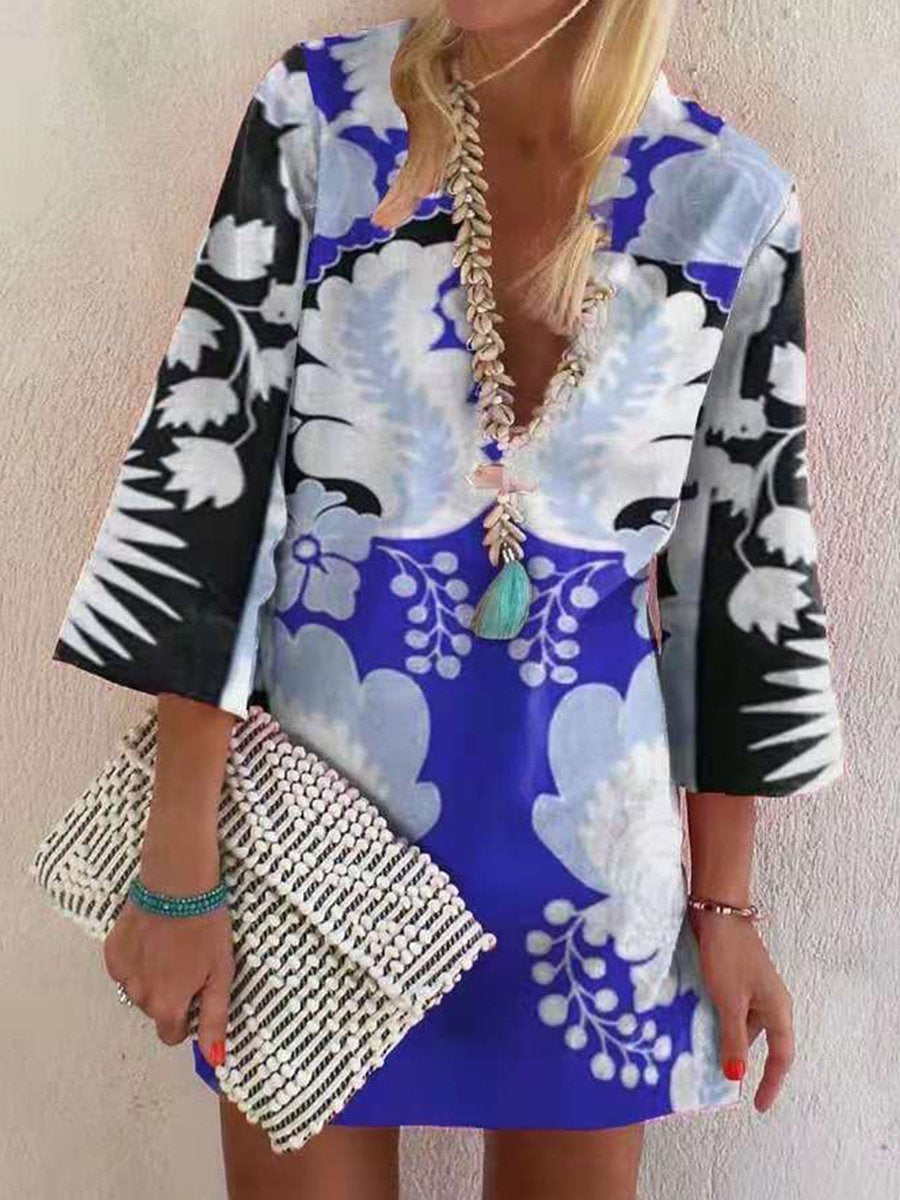 V-neck Long Sleeve Boho Print Mini Dress