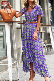 V-Neck Ruffle Swing Print Maxi Dress