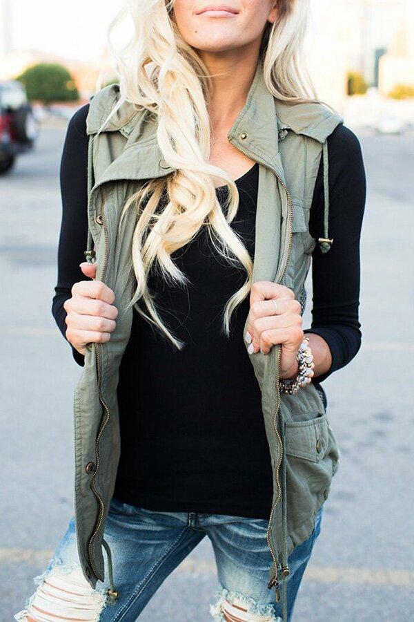 Casual Olive Aztec Back Hooded Vest Jacket