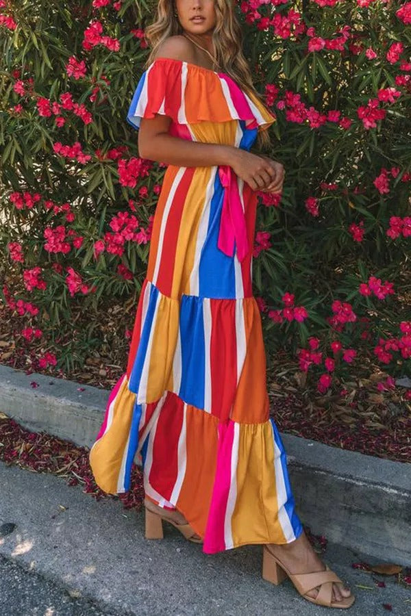 Sunkissed Rainbow Colorblock Off Shoulder Maxi Dress