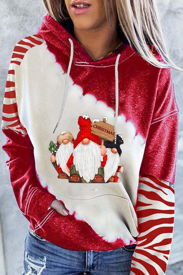 Santa Claus Print Color Block Hoodie  （Red）