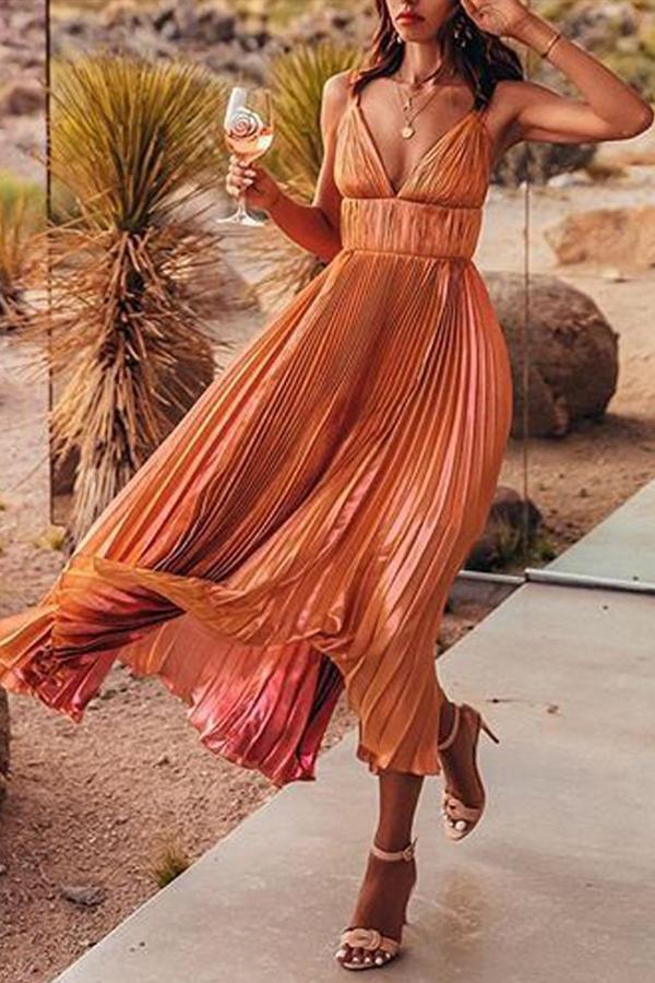 Orange Pleated Spaghetti Strap V-neck Elegant Cocktail Party Maxi Dress