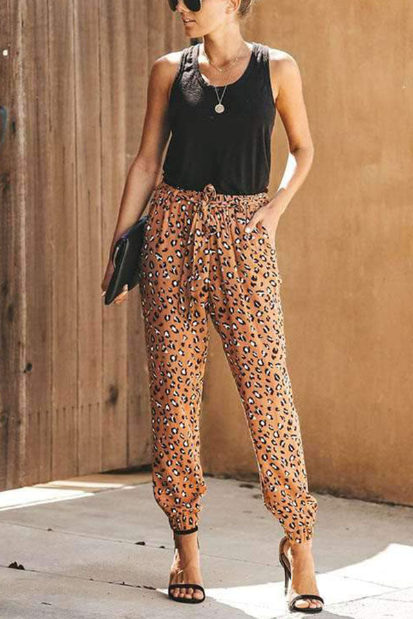 WOMEN CASUAL LEOPARD PRINT HIGH WAIST LOOSE HAREM PANTS