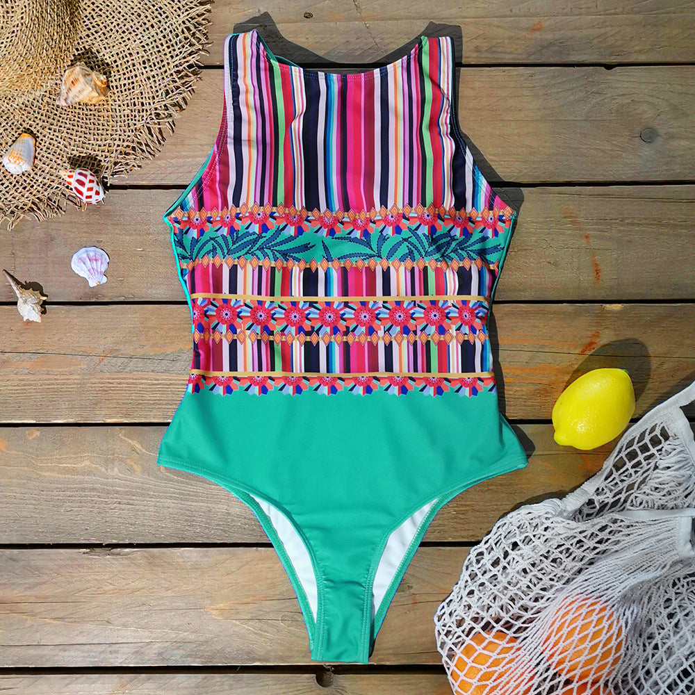 Round Neck Ethnic Print Open Back One-piece Swimsuit