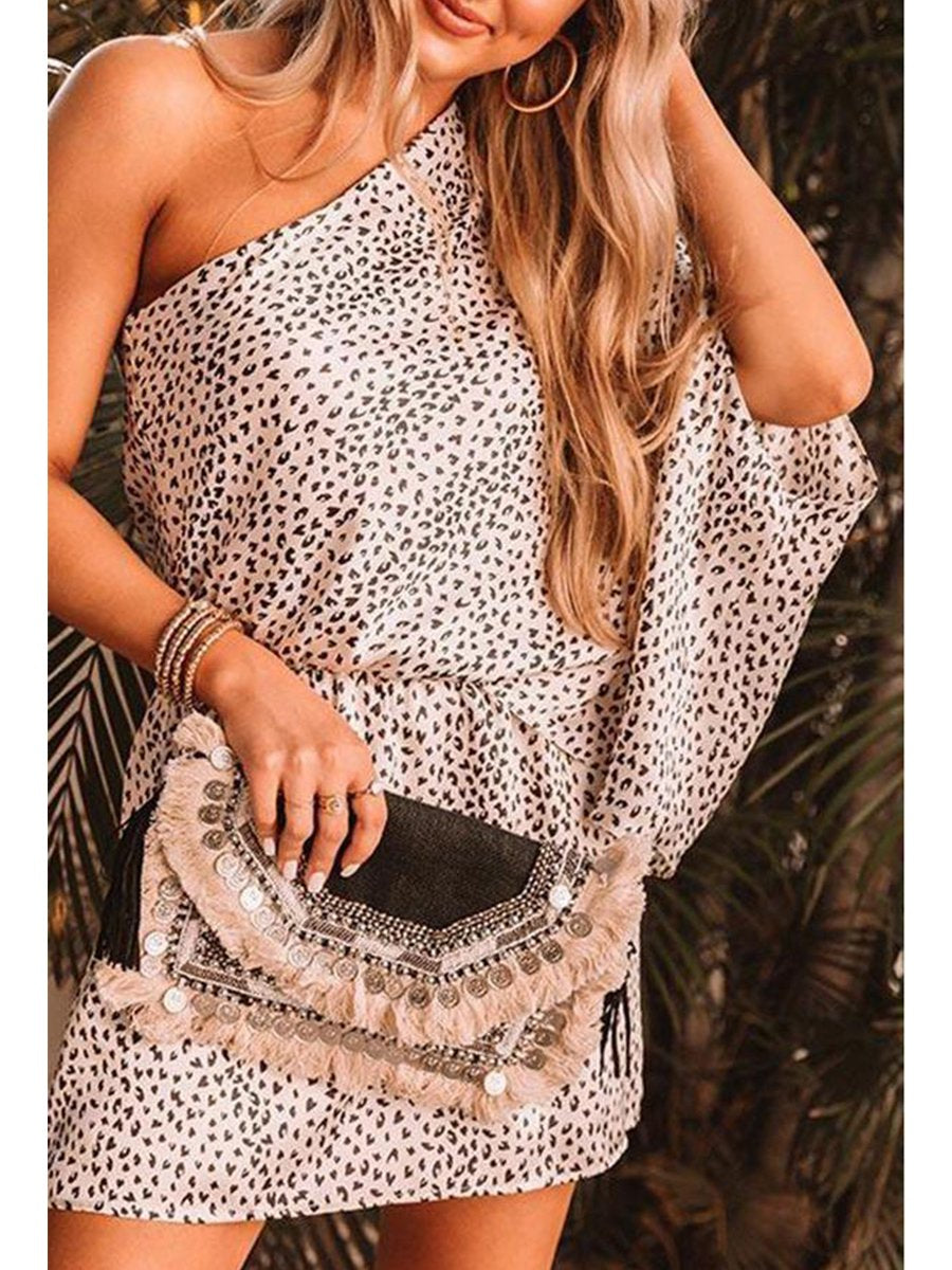 Leopard One Shoulder Batwing Sleeve Loose Dress