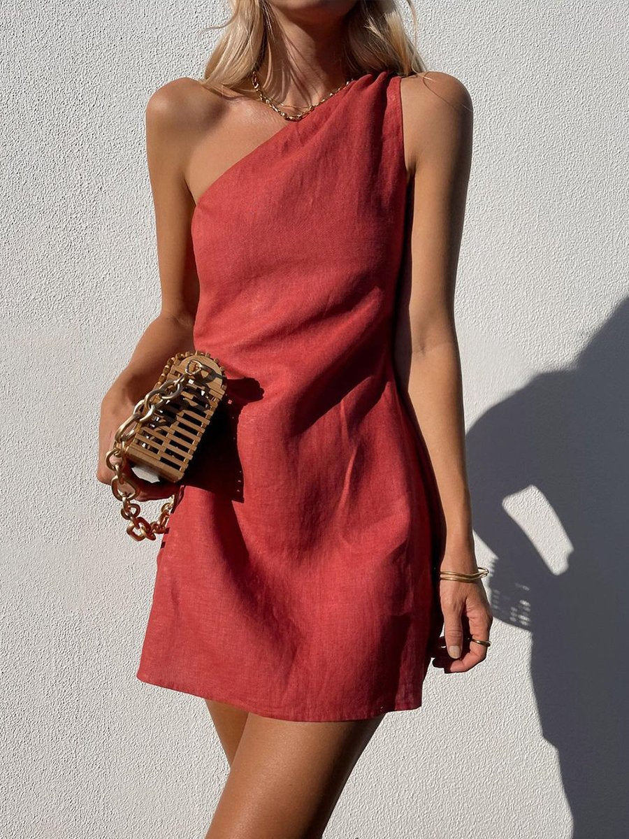 Linen Cotton One-shoulder Mini Dress