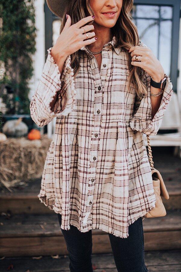 Plaid Shirt Collar Flare Sleeve Button Down Blouse